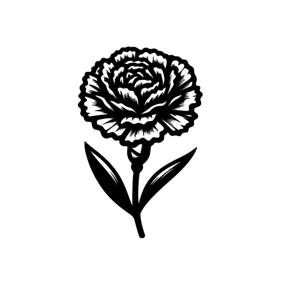 Bold Black White Carnation Silhouette, Highlighting Detailed Petals and Stalk on a Clean White Background vector