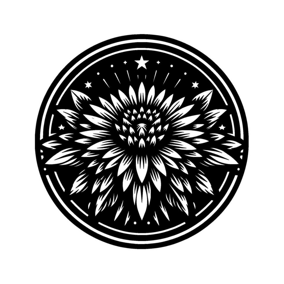 Monochrome Mandala Floral Motif with Stellar Accents, Circular in Bold Contrast, Ornamental Symbolism. vector