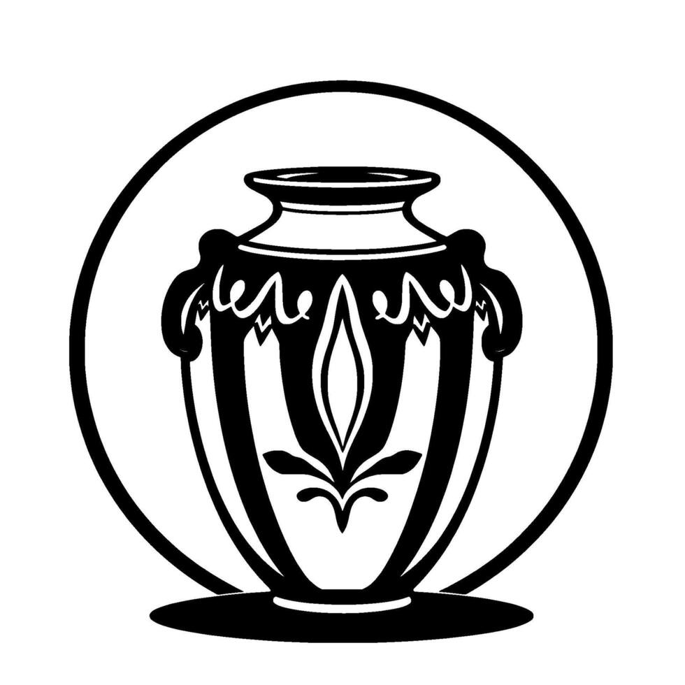 Elegant Black and White Illustration of a Detailed, Ornate Urn Within a Circular Frame. Antique . vector