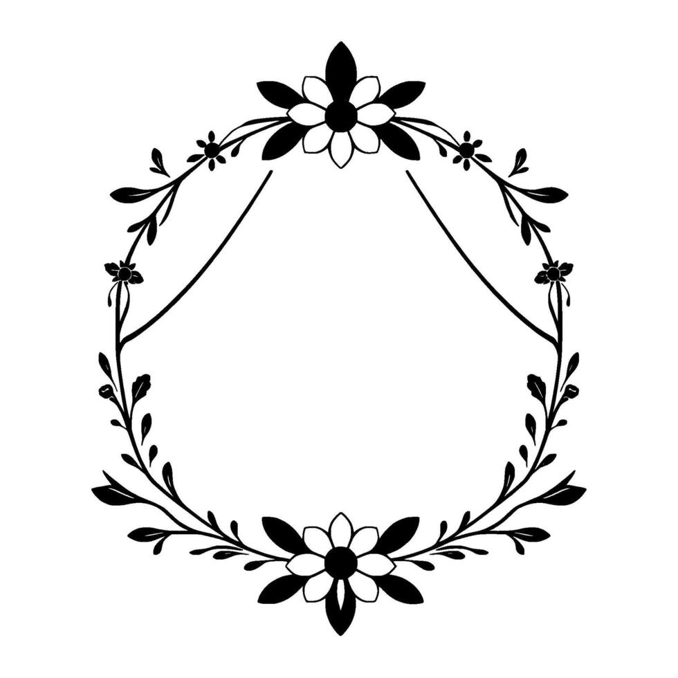 Black and white floral with leaves framing an empty space, classic elegant style. vector