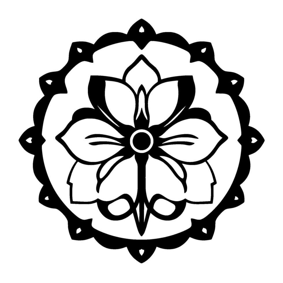 Intricate Black and White Floral Mandala with a Central Circular Element and Ornamental Border on a White Background. vector