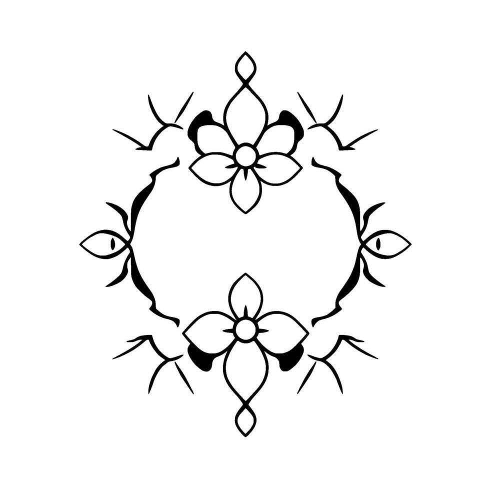 Elegant symmetric black and white floral with eyes, thorns, and a central flower arrangement, stylized. vector