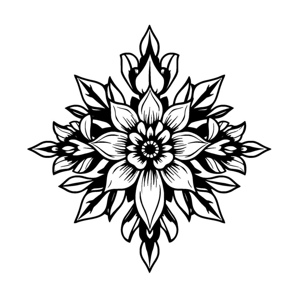 Symmetrical Floral Mandala in Black, White and Grey with Delicate Petals and Intricate Linework, Isolated on White. vector