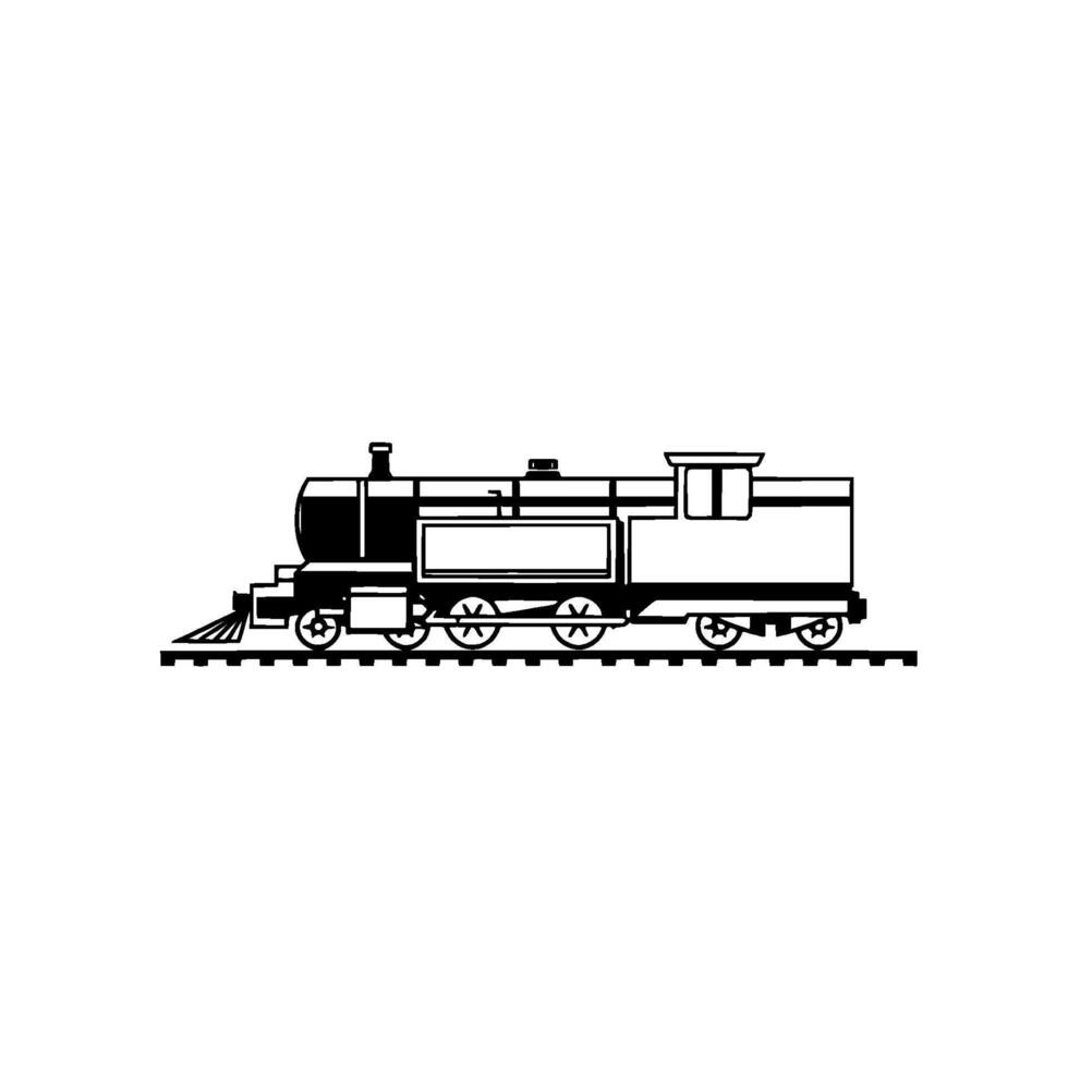 Simplified Black and White Illustration of a Classic Steam Locomotive on Railroad Tracks, a minimalist , with high contrast. vector