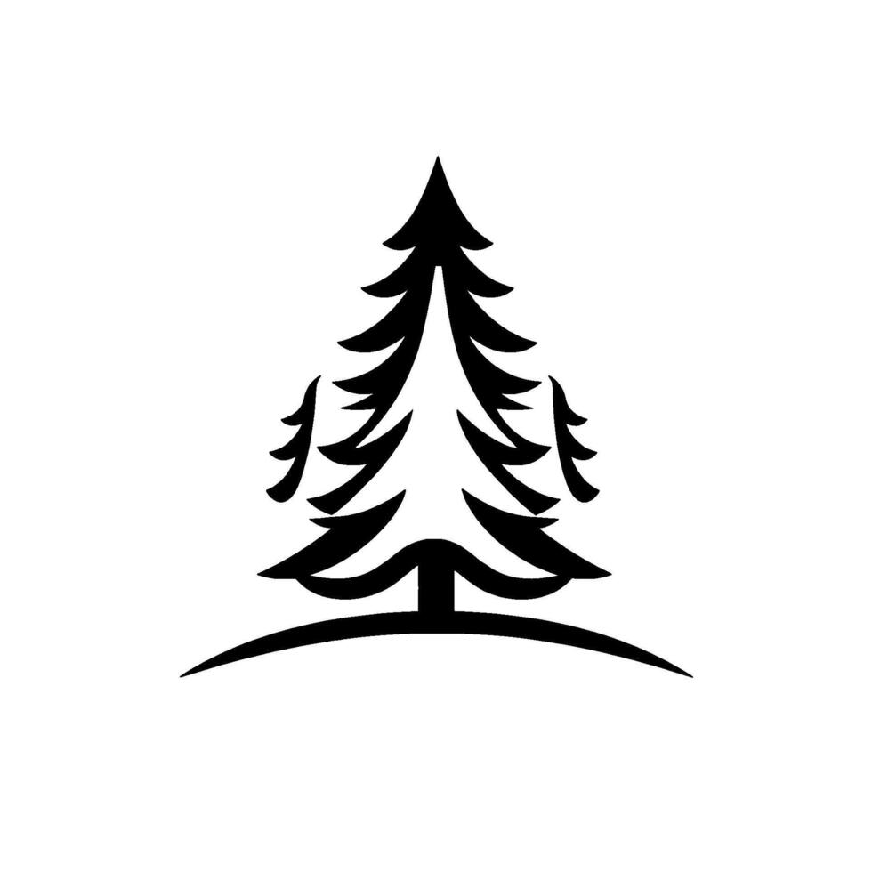 Minimalist Black and White of a stylized Evergreen Tree with a Curved Base, Set Against a Clean White Background. vector