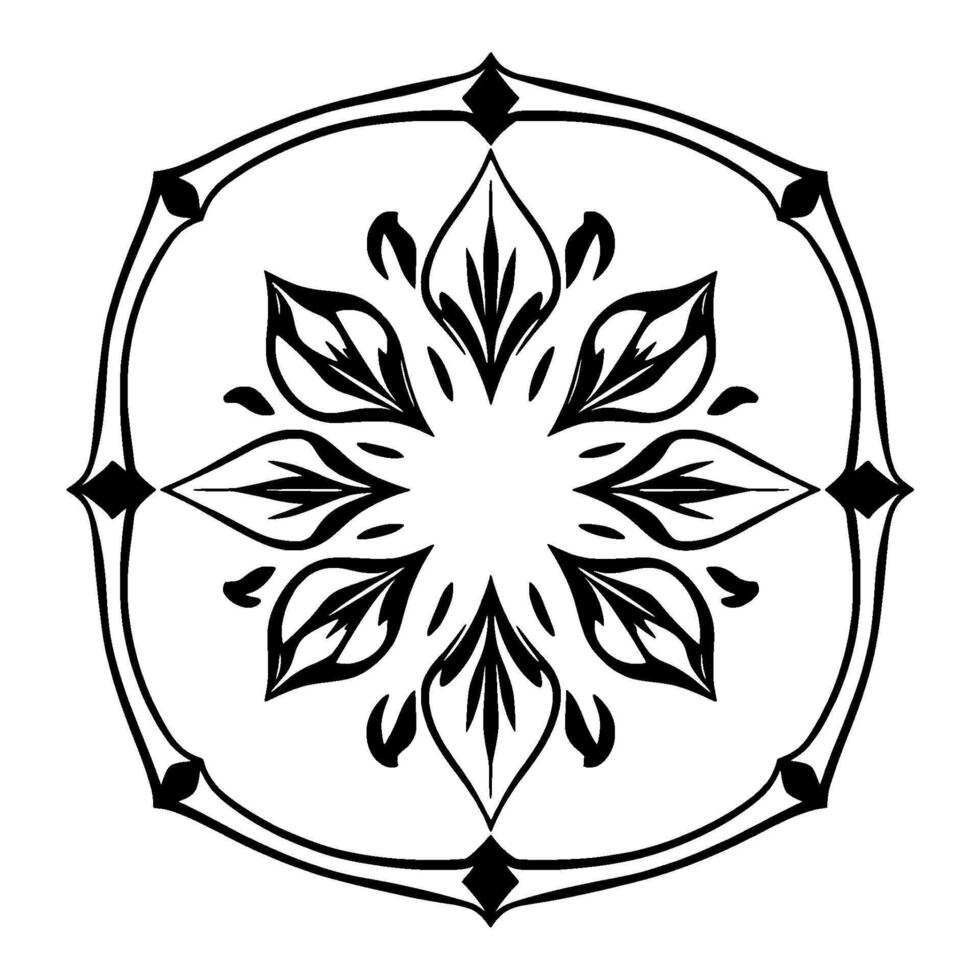 Intricate Black and White Circular Floral Mandala with Ornamental Leaf and Diamond Elements vector