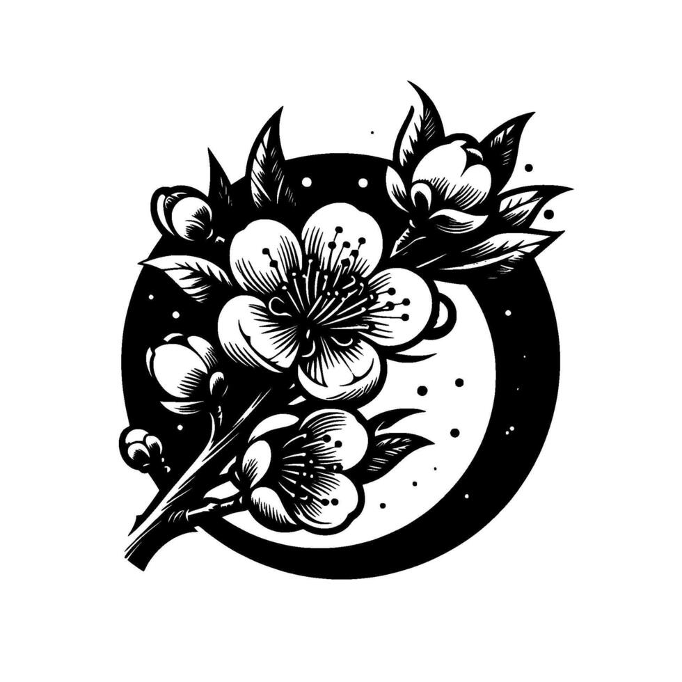 Black and white botanical illustration of blossoming flowers with intricate line art, framed by a dark circular background and dotted accents. vector
