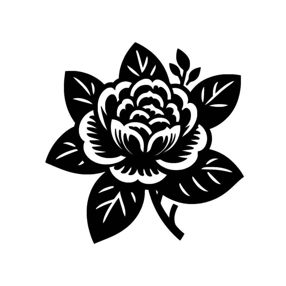 Black and White Floral Paper CutOut with Detailed Petals and Leaves Against a Plain White Backdrop. vector