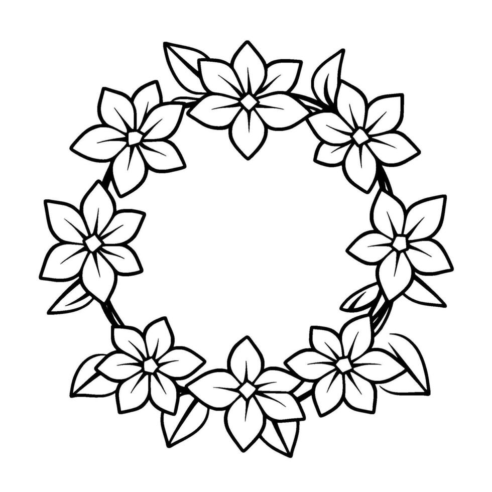 Black and White Floral Wreath A Detailed Line Art Composition Featuring Elegant Flower and Leaf Arrangement in a Circular . vector
