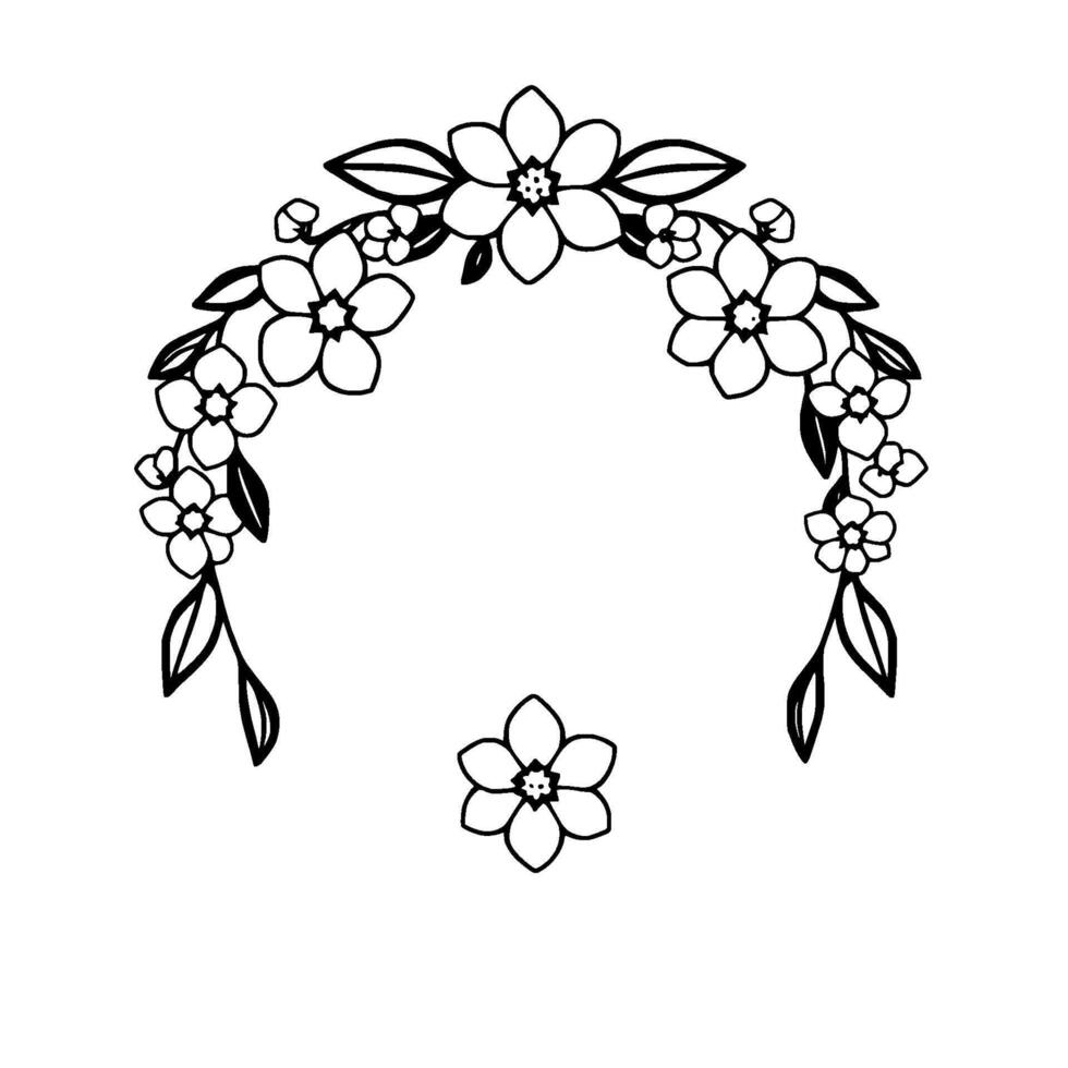 Minimalist Black and White Floral Wreath with a Single, Detached Blossom in Outline Style vector