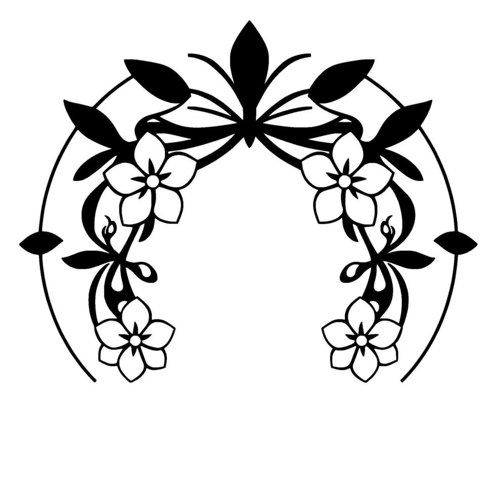 Elegant monochrome floral arch featuring stylized flowers, leaves, and a decorative ribbon, creating a symmetrical frame. vector