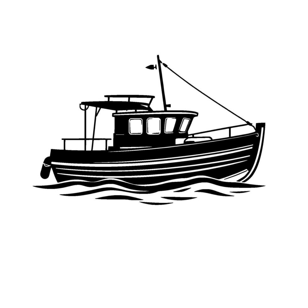 Bold Black White Illustration of a Fishing Boat Cruising Through Gentle Waves on a Clear Day, Featuring Mast, Canopy, and Detailed Hull. vector