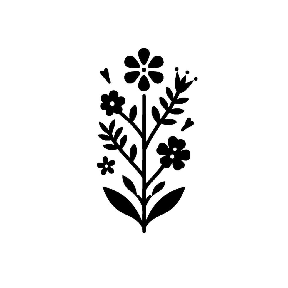 Stylized Floral Emblem A symmetrical, black and white illustration depicting a stylized floral arrangement with detailed leaves, flowers, and heartshaped elements against a plain white background. vector