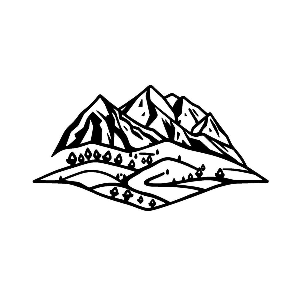 Stylized black and white landscape art featuring layered mountains, rolling hills, trees, and rainfall. vector