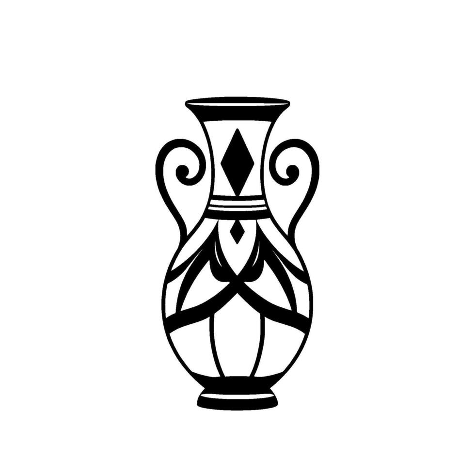 Elegant Black White Ornamental Amphora Geometric with Curl Handles, Diamond Motif, and Minimalist Aesthetic. vector