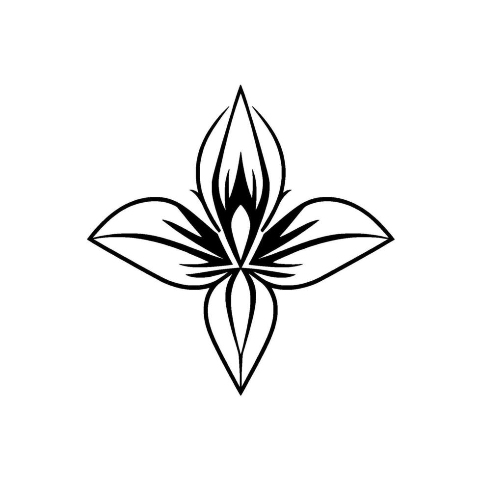Symmetrical Black and White Floral A Geometric Interpretation of a Flower, featuring Petals and Striated Details, Centered Against a White Backdrop. vector