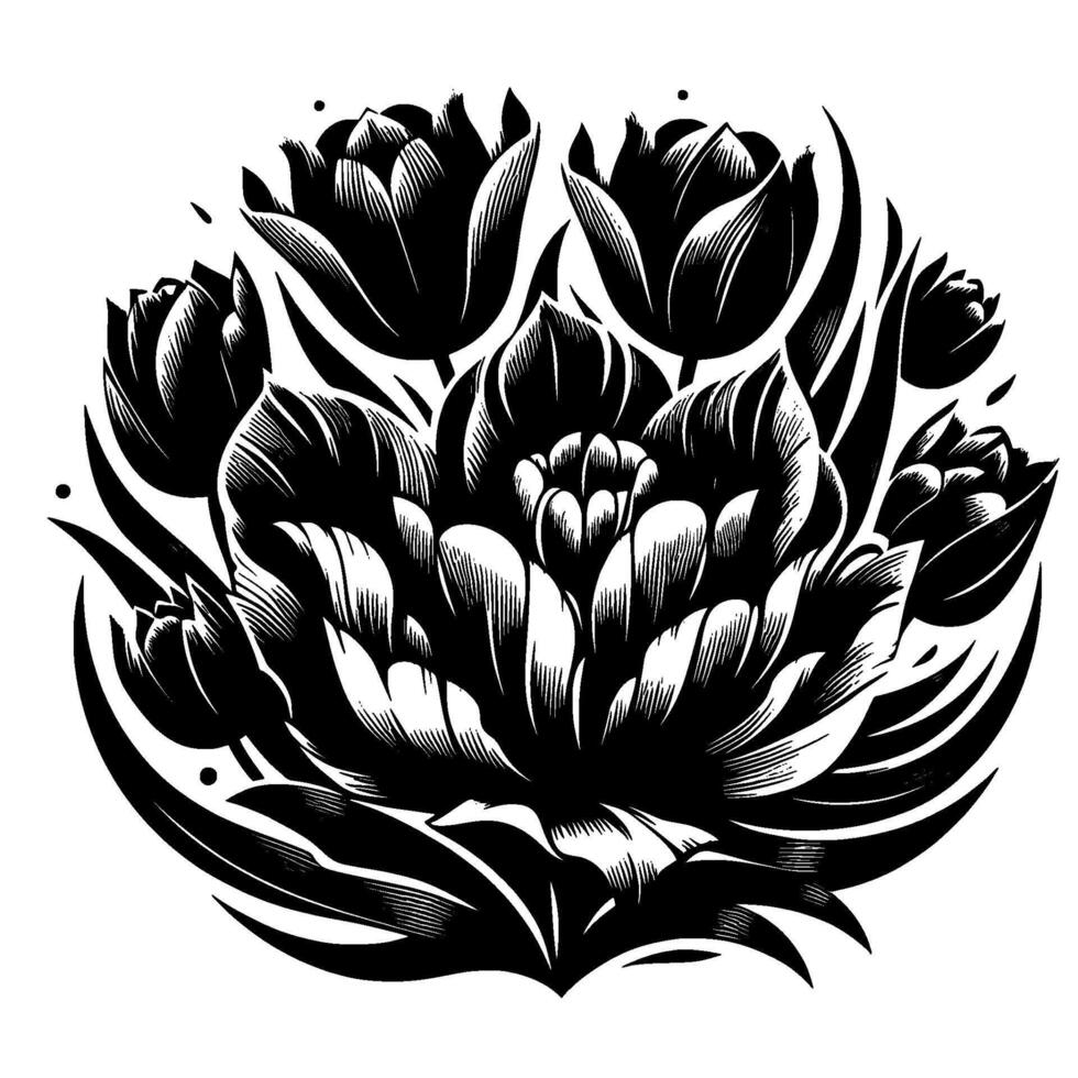 Intricate Black and White Floral Mandala Stylized Tulip and Peony Arrangement with Detailed Line Art on a White Backdrop. vector