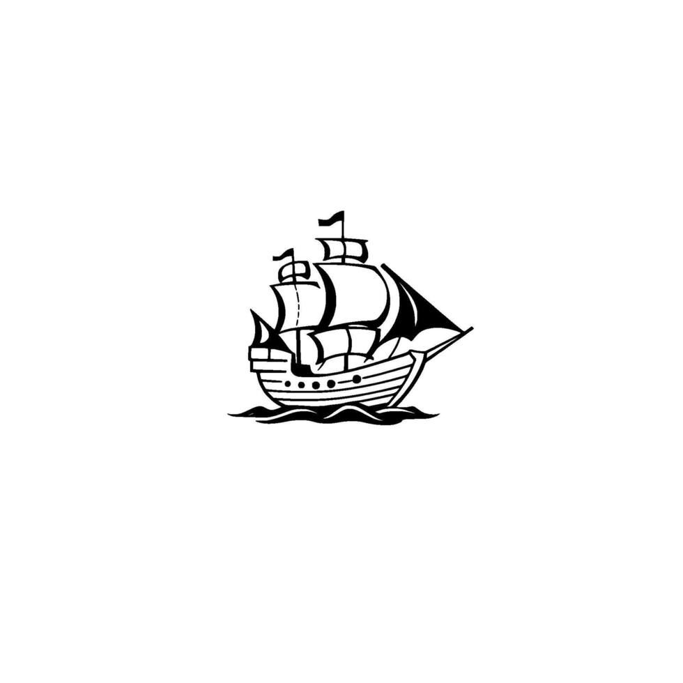 Silhouette of a Classic Sailing Ship on Wavy Lines, Black and White Art. vector