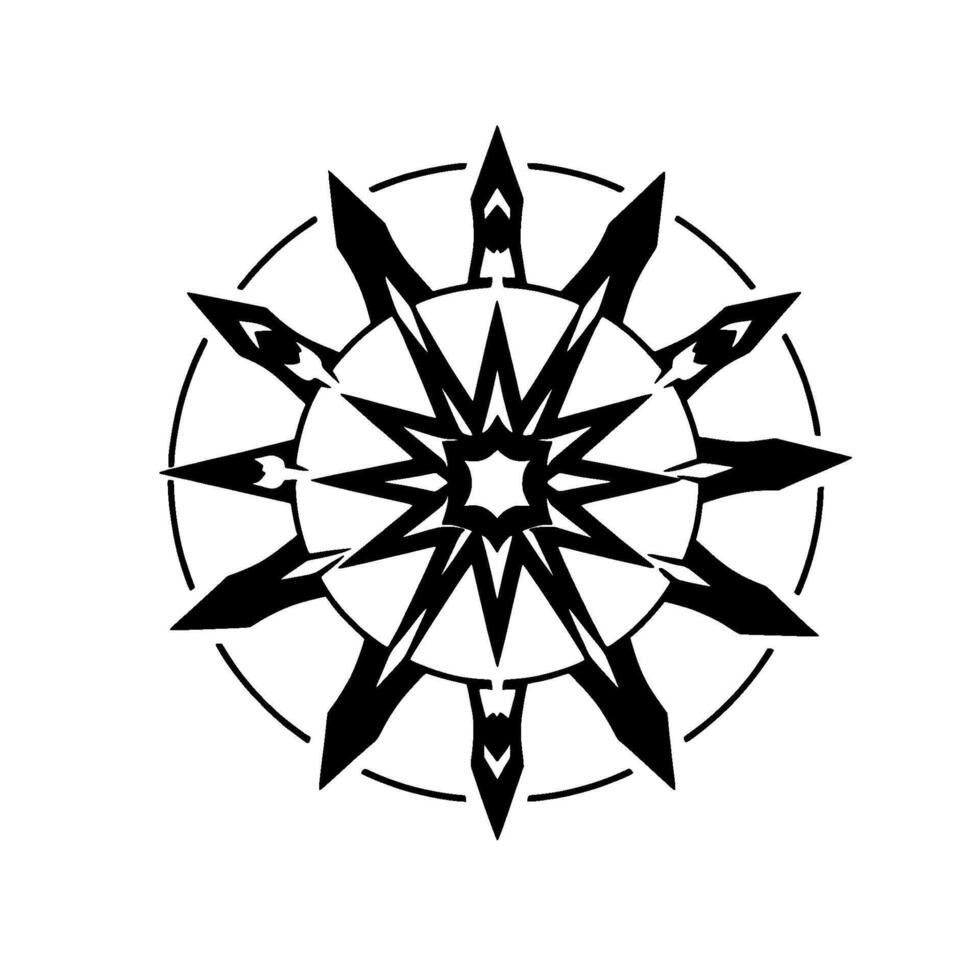 Intricate Black and White Geometric Starburst Pattern within a Circular Frame, Angular and Sharp Aesthetics. vector