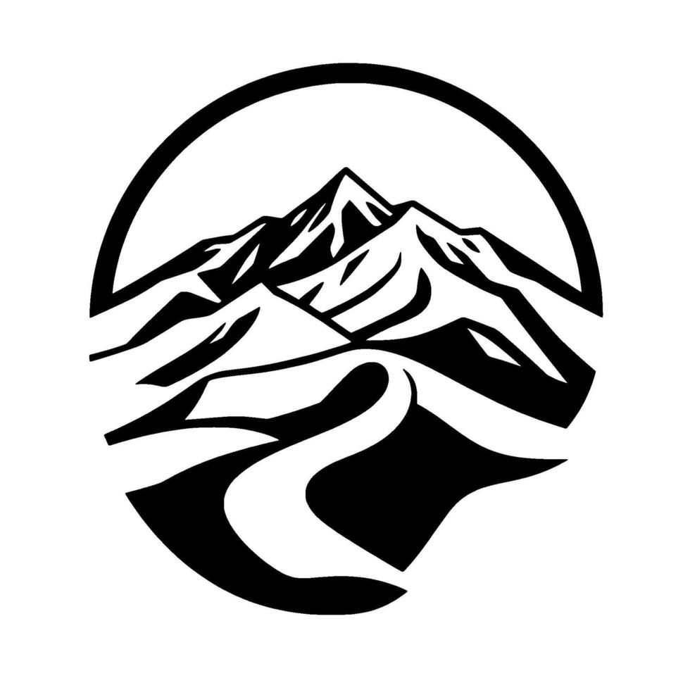 Bold Black White Mountain Landscape in Circular Frame, Evoking Natures Majesty and Exploration, Simple, Iconic . vector