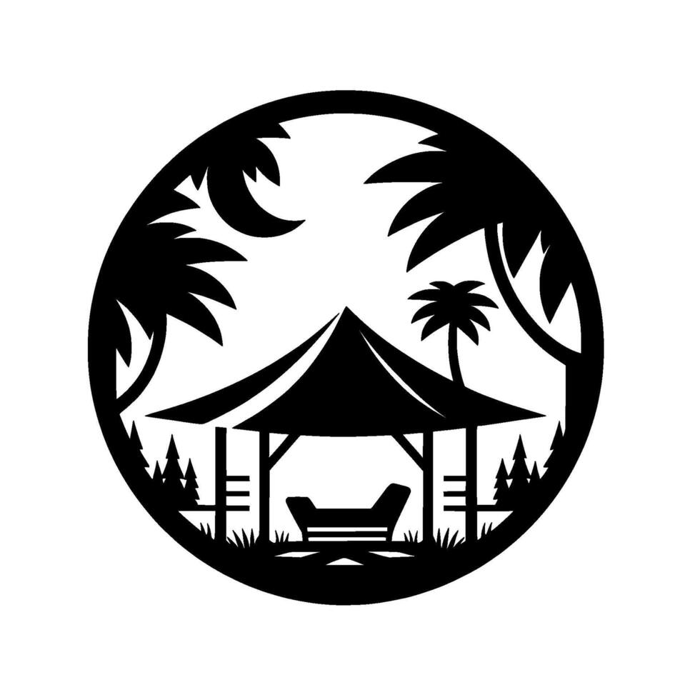 Silhouette of a tropical gazebo under a crescent moon, surrounded by palm trees and foliage, framed by a circular border. vector