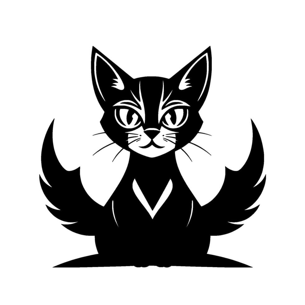 Bold Black Cat Silhouette with WingLike Arms, Mystical Eyes on a White Background, Flat . vector