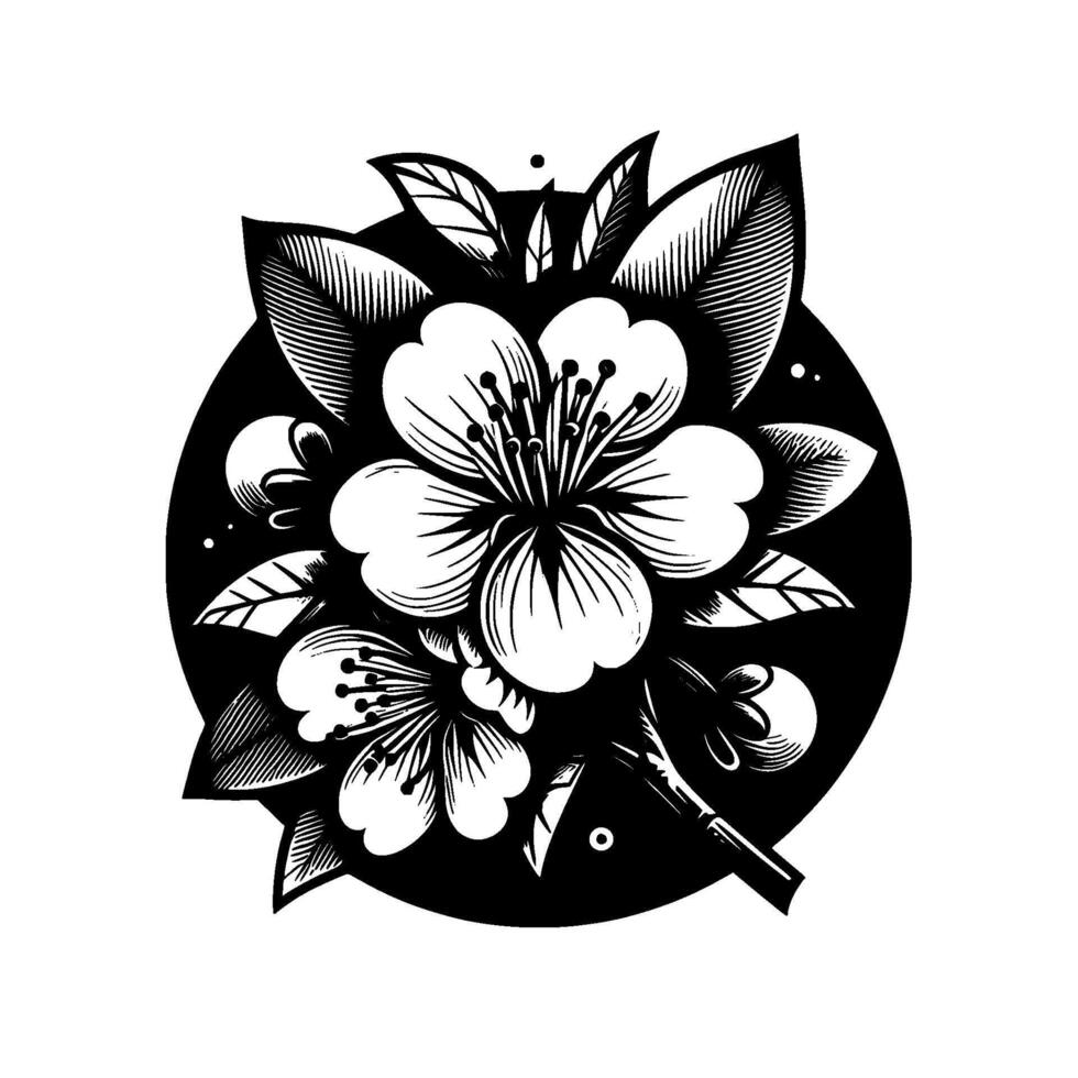 Black and White Illustration Elegant Cherry Blossom Bouquet within a Circular Frame, Highlighting Intricate Details and Floral . vector