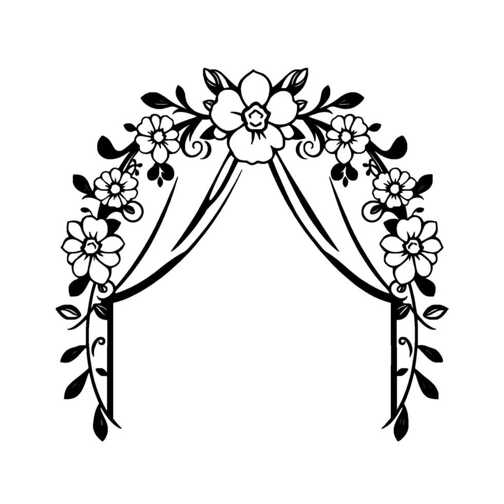 Black and White Floral Archway with Detailed Petals, Leaves, and Vines, Ideal for Wedding Invitations and Greeting Cards. vector