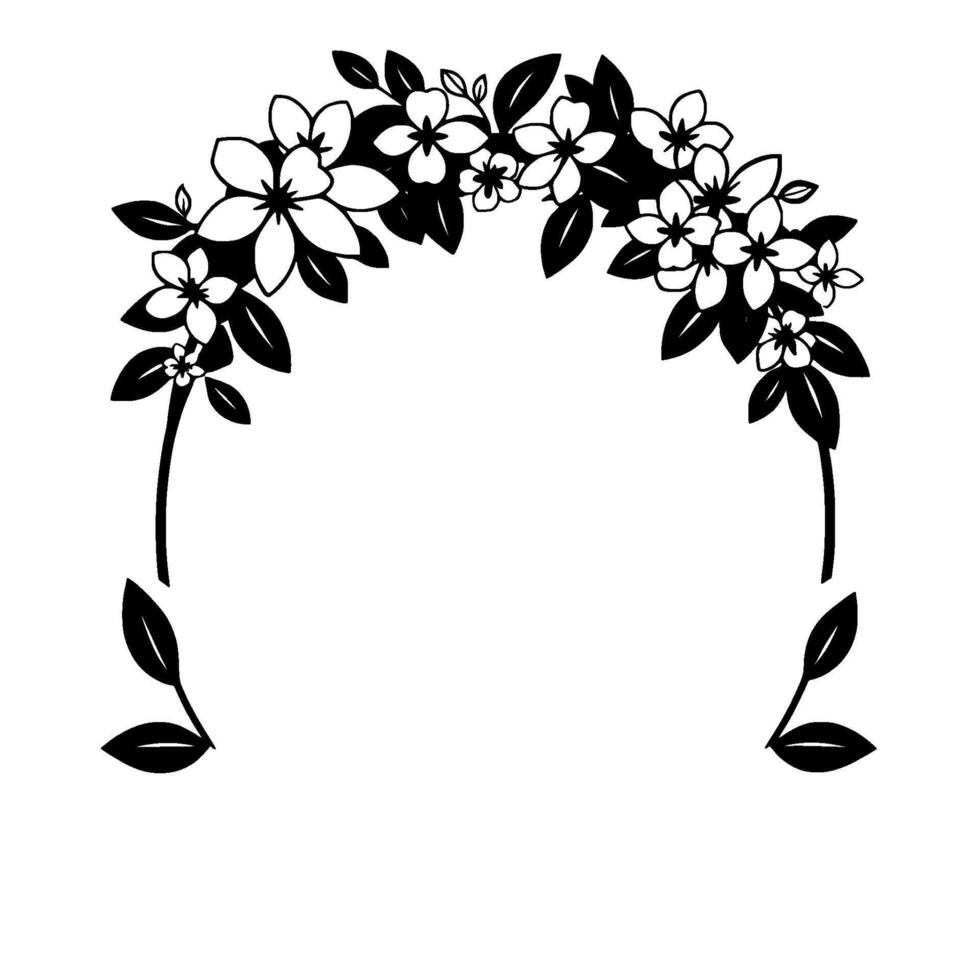 A minimalist black and white floral arch, designed with elegant blossoms and leaves, framing a blank white polygon shape. vector