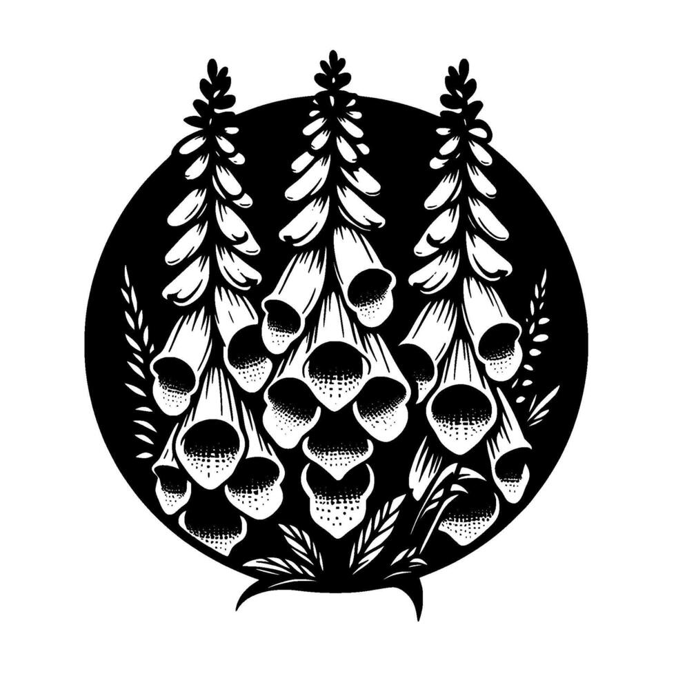 Black and White Floral Illustration Stylized Foxgloves in a Circular Arrangement, Showcasing Detailed Petals and Foliage. vector