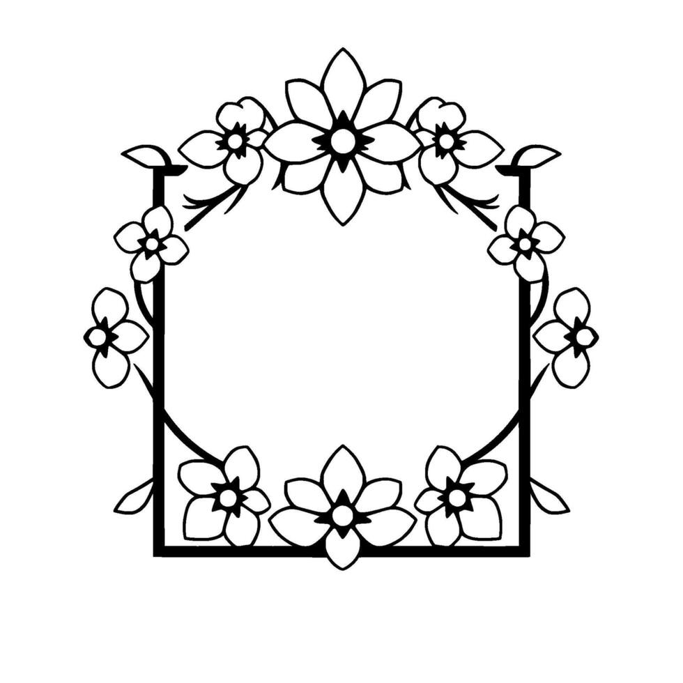 Elegant Black and White Floral Frame with Blossoms and Leaves Surrounding a Rectangular Opening, Perfect for Invitations and Decor. vector