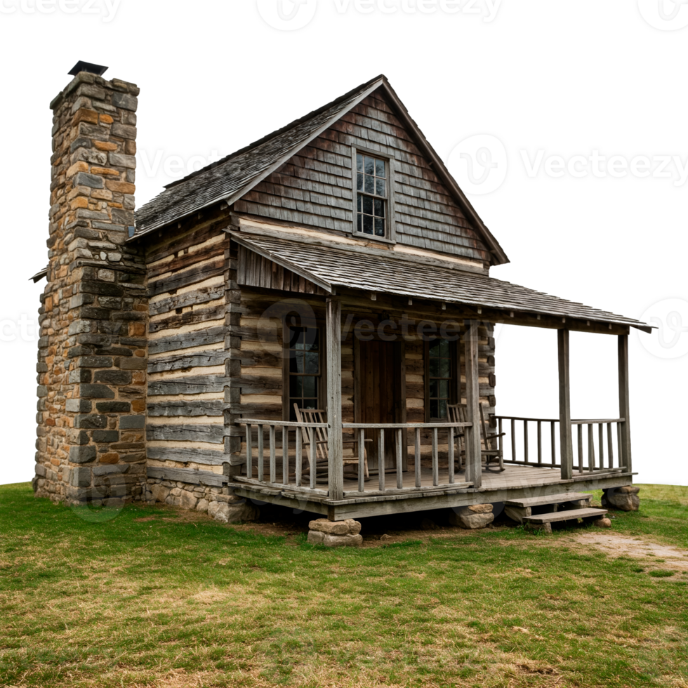 an old log cabin on a grassy field on transparent background png