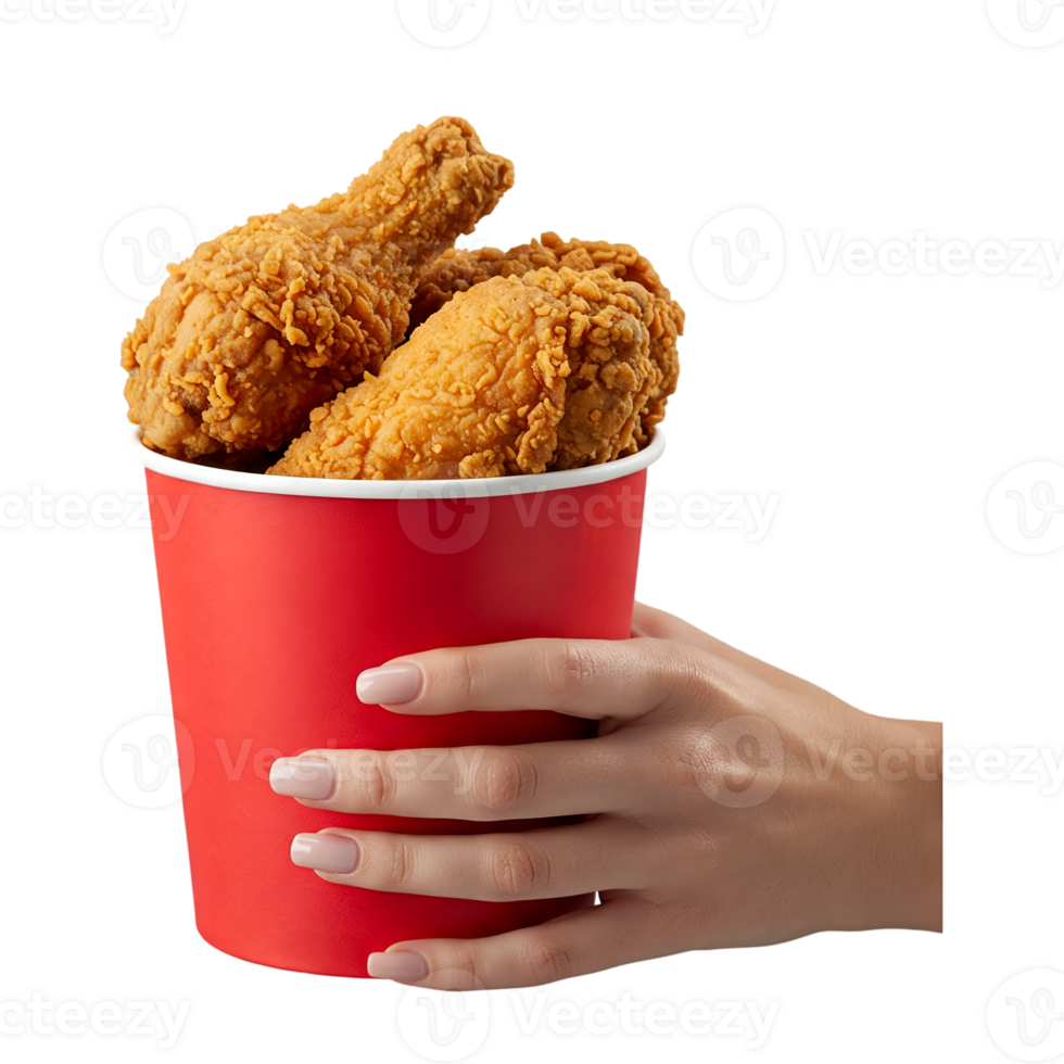 a hand holding a bucket of fried chicken on a transparent background png