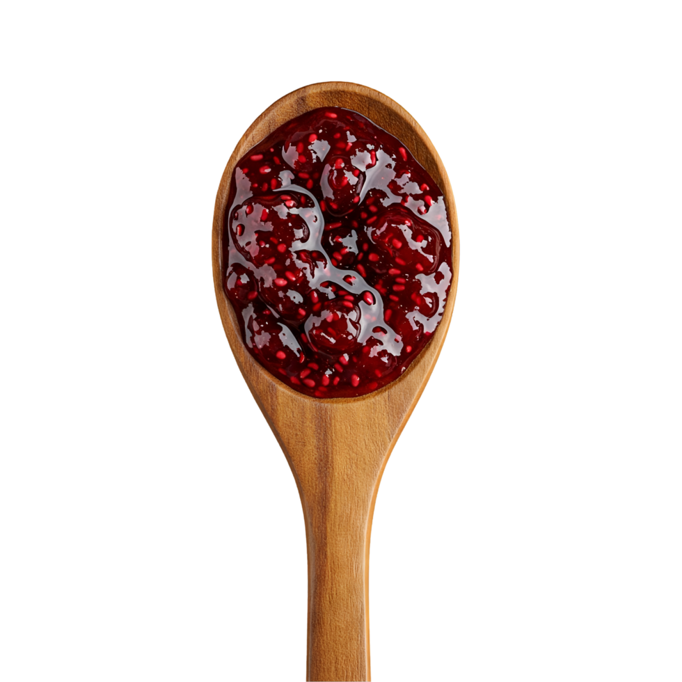 a wooden spoon with a red fruit jam on it isolated on transparent background png