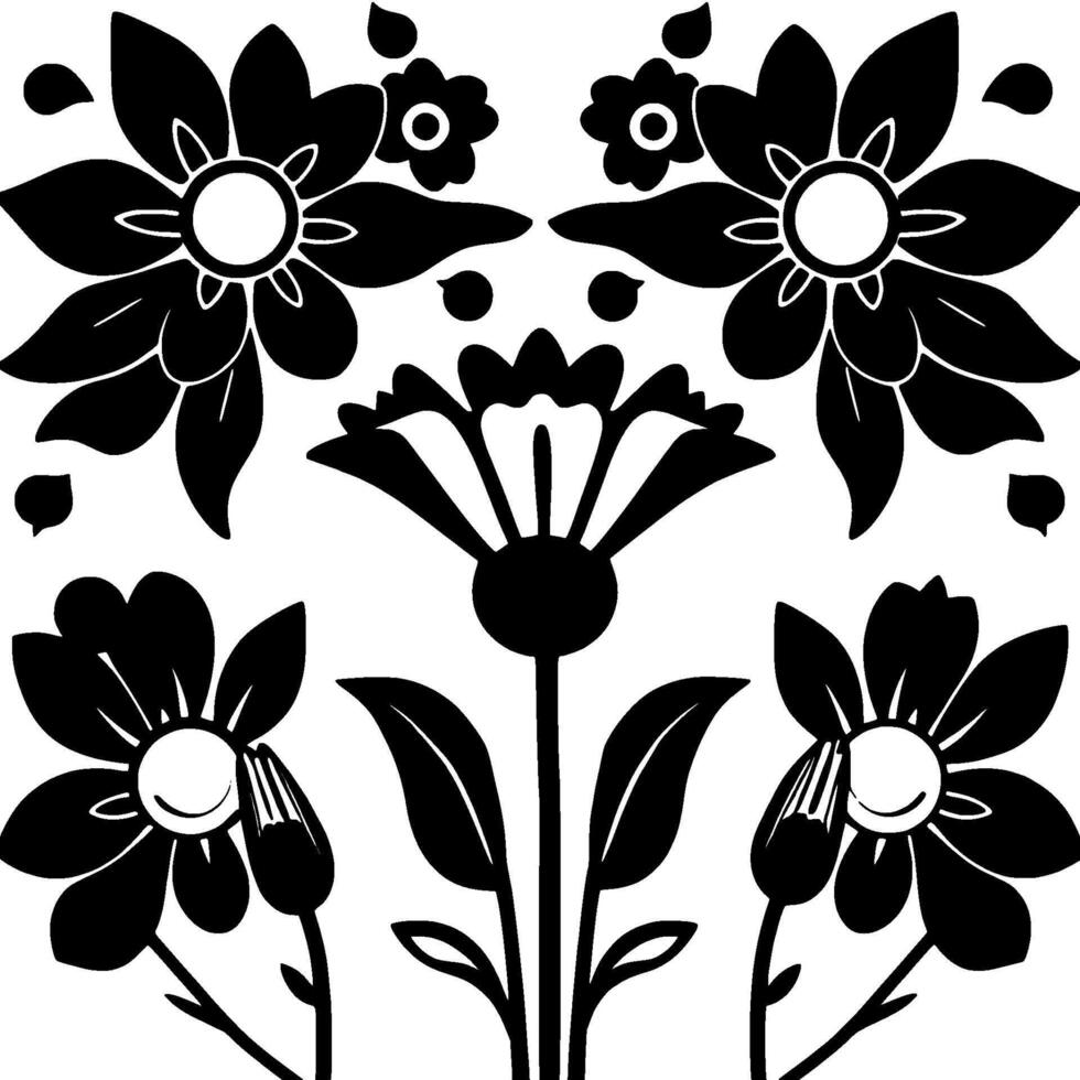 Symmetrical, highcontrast floral pattern in black and white, featuring stylized blossoms, buds, and foliage arranged around a central, fanlike flower. vector