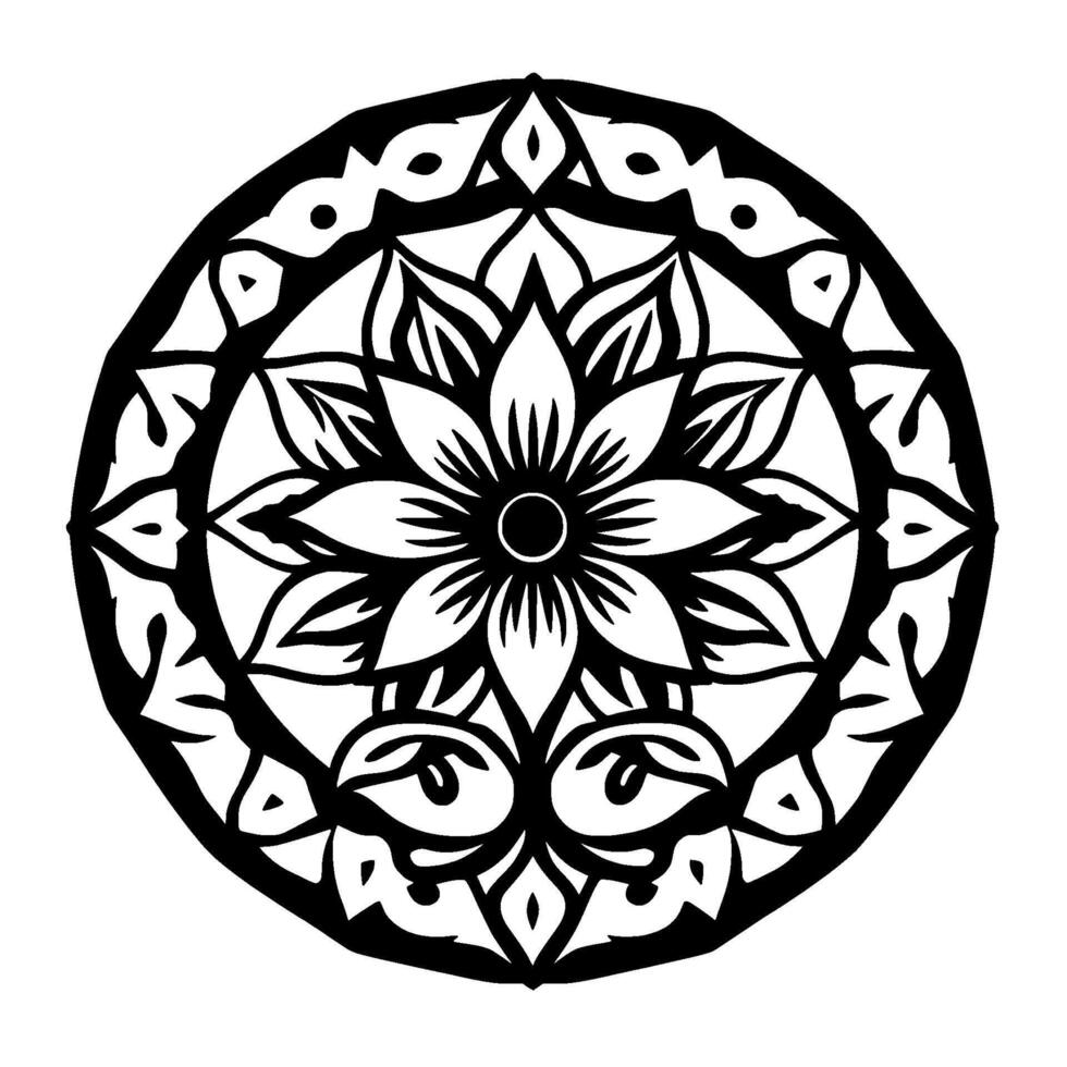 A symmetric, black and white mandala featuring a central flower surrounded by intricate geometric and floral patterns, perfect for meditation and creative designs. vector