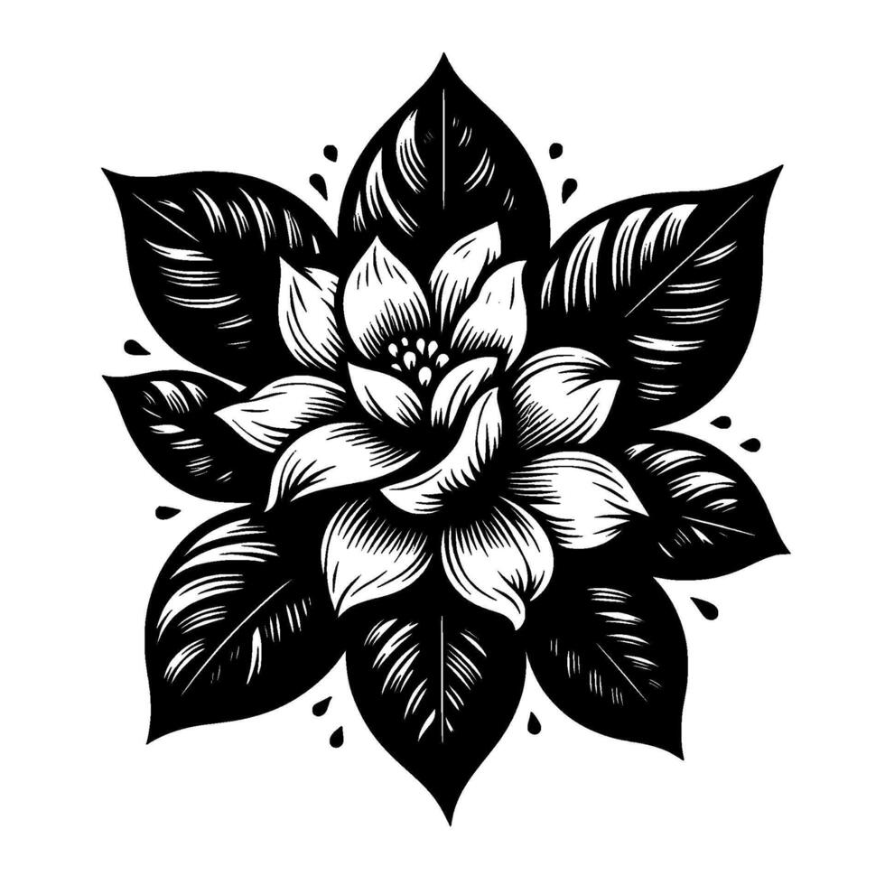 Intricate black and white floral mandala featuring a central flower surrounded by large, stylized leaves and dewlike accents, artistic, symmetrical. vector