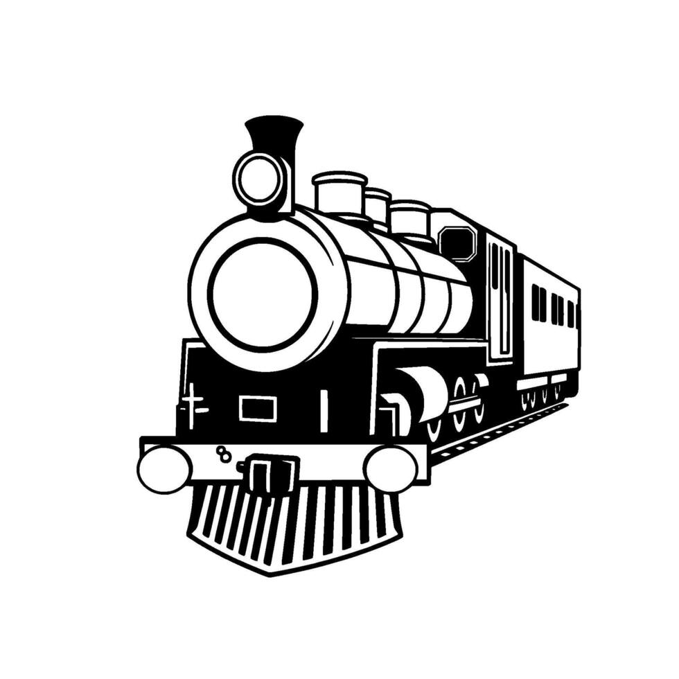 Artistic Black and White Illustration of a Classic Steam Locomotive with Detailed Perspective on a Track. vector
