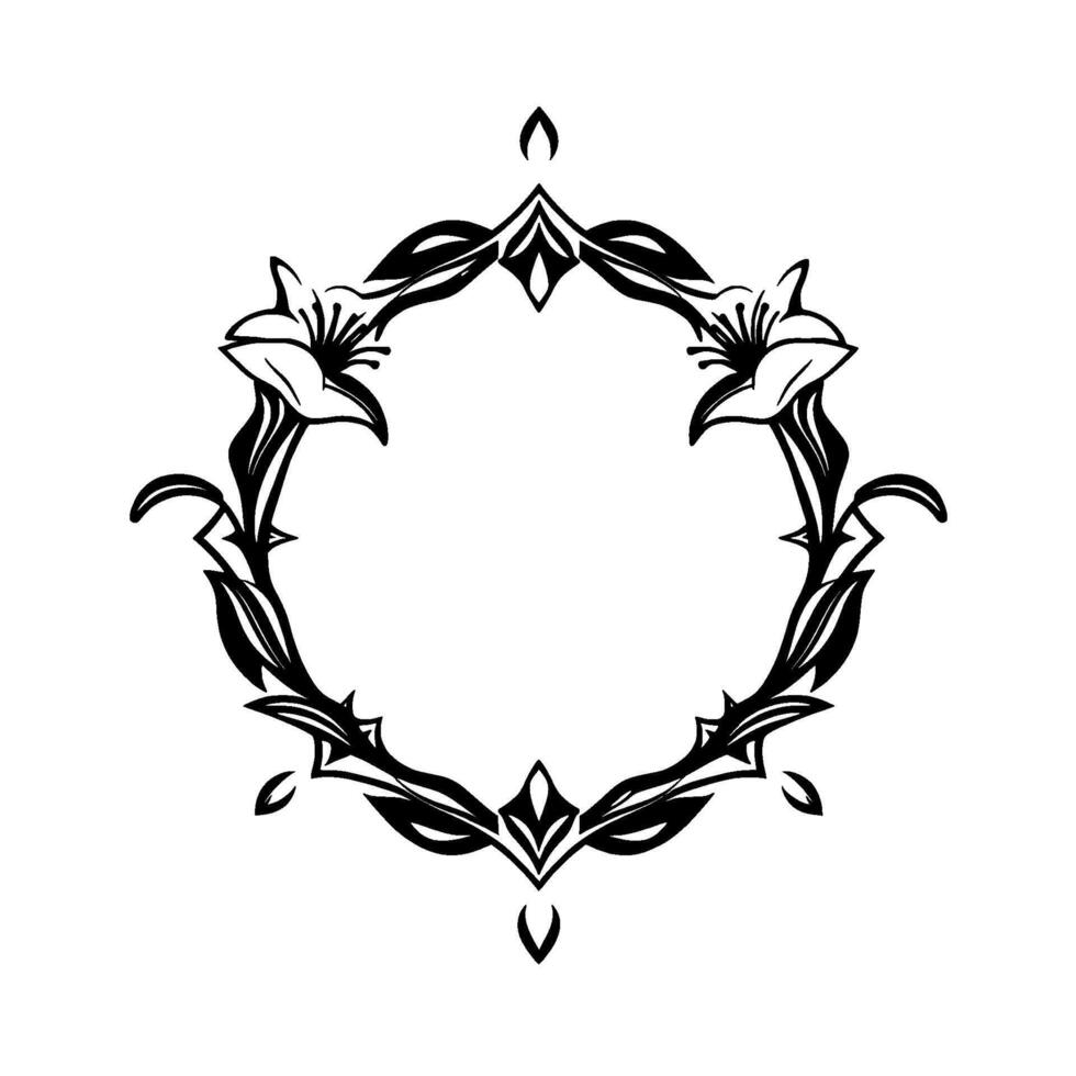 Black and White Circular Floral Frame with Lilies, Leaves, and Ornate Embellishments on a White Background, Isolated. vector