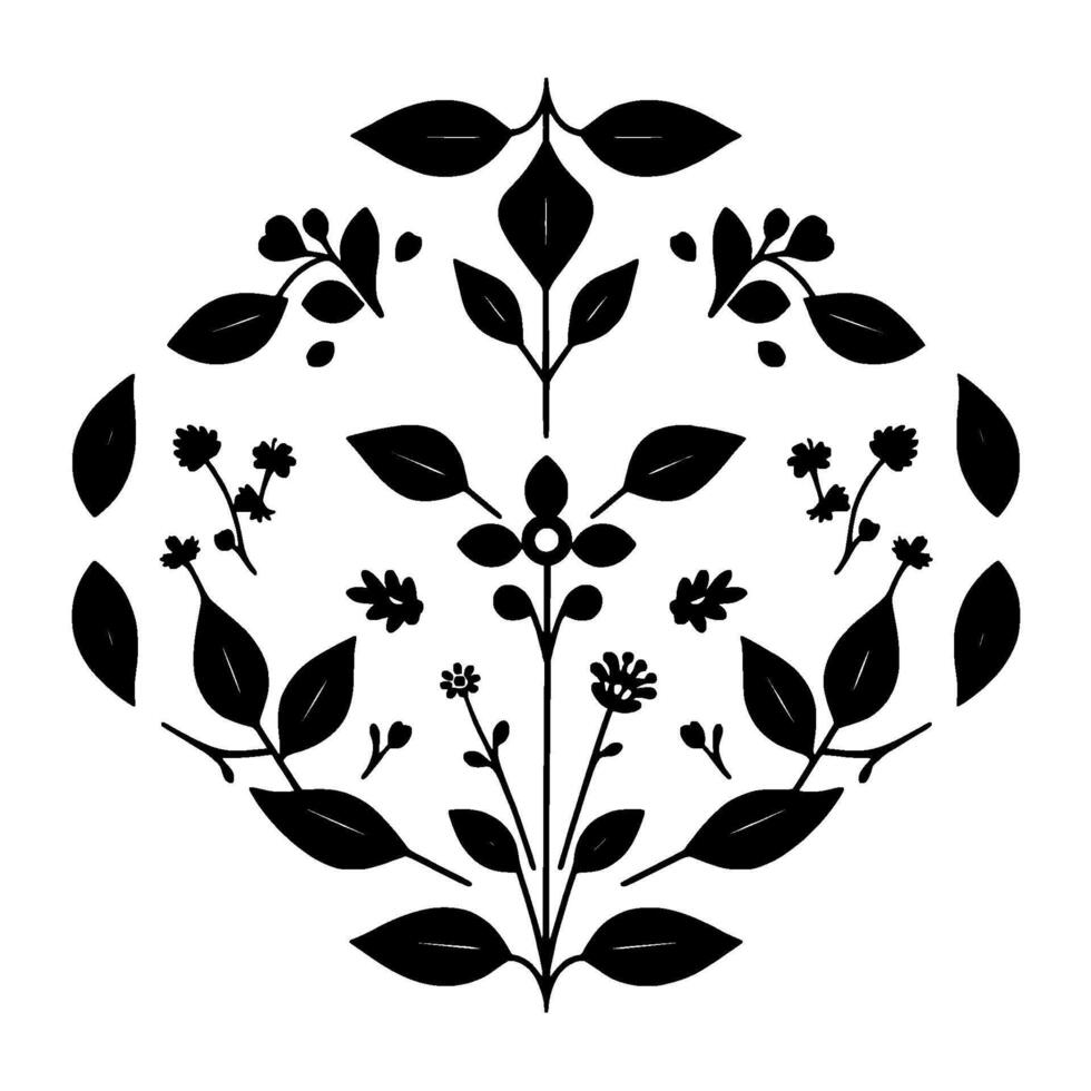 Symmetrical Black and White Floral and Leaf Arrangement. Clean featuring botanical forms arranged in a balanced pattern with stylized flowers and leaves. vector