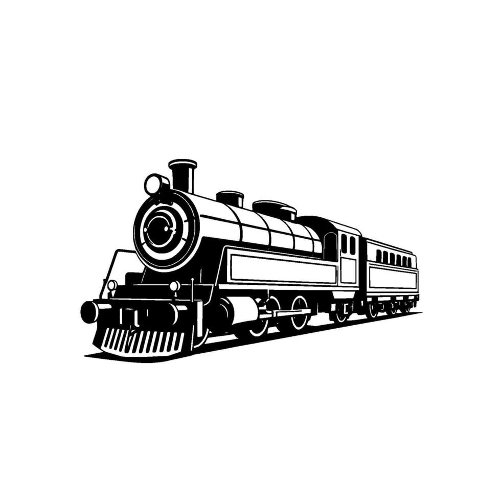 A detailed black and white illustration depicts a classic steam train with multiple carriages on tracks, style. vector
