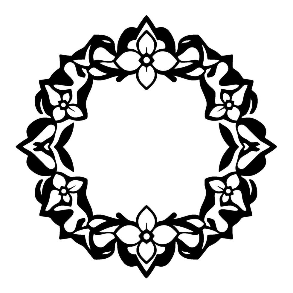 Ornate Black and White Floral Wreath Symmetric Circle with Stylized Flower Motifs on a White Background. vector