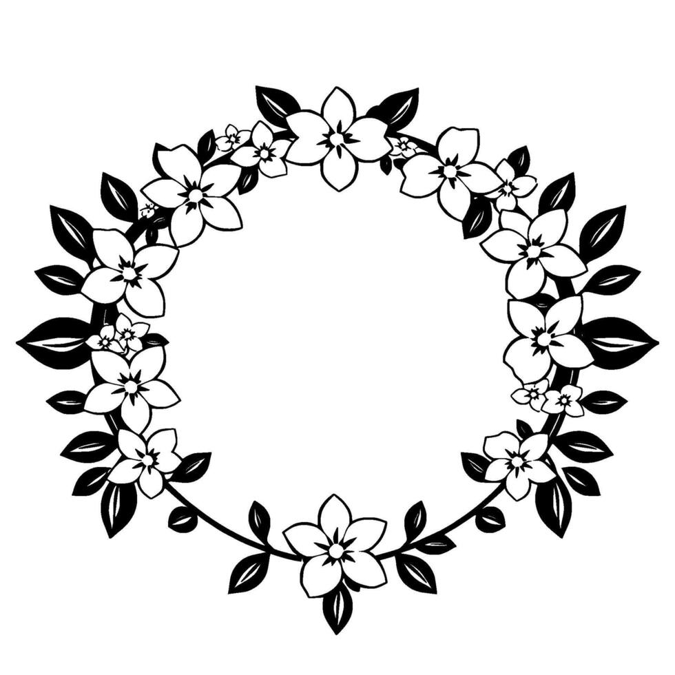 Elegant Black and White Floral Wreath A minimalist circular featuring stylized blossoms and leaves. vector
