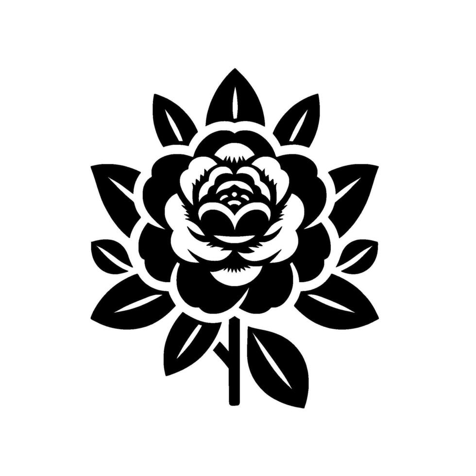 Black and White Floral Intricate stylized rose, symmetrical arrangement of petals and leaves on a stem, isolated on white. vector