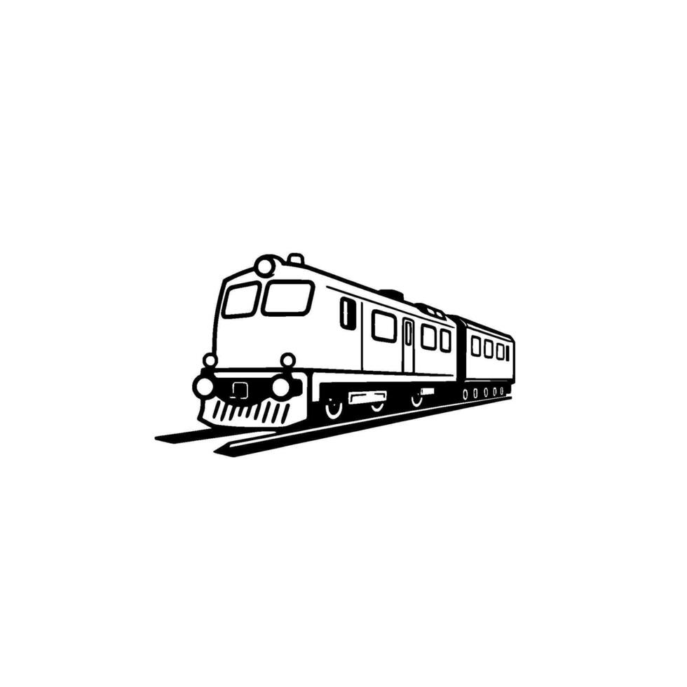 Minimalist Black and White Illustration of a Modern Passenger Train on Tracks, Isolated on White Background. vector