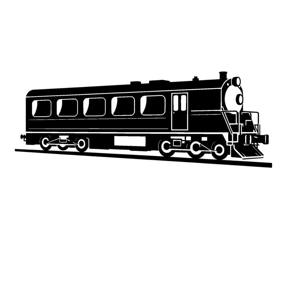 Black and white illustration of a vintage passenger train, side view on tracks, solid . vector