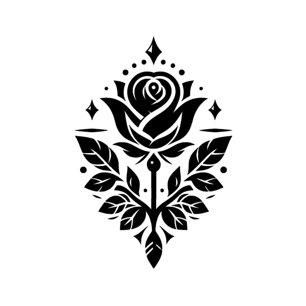 Elegant Black Rose Crest Symmetrical Floral with Geometric Accents on White Background. vector