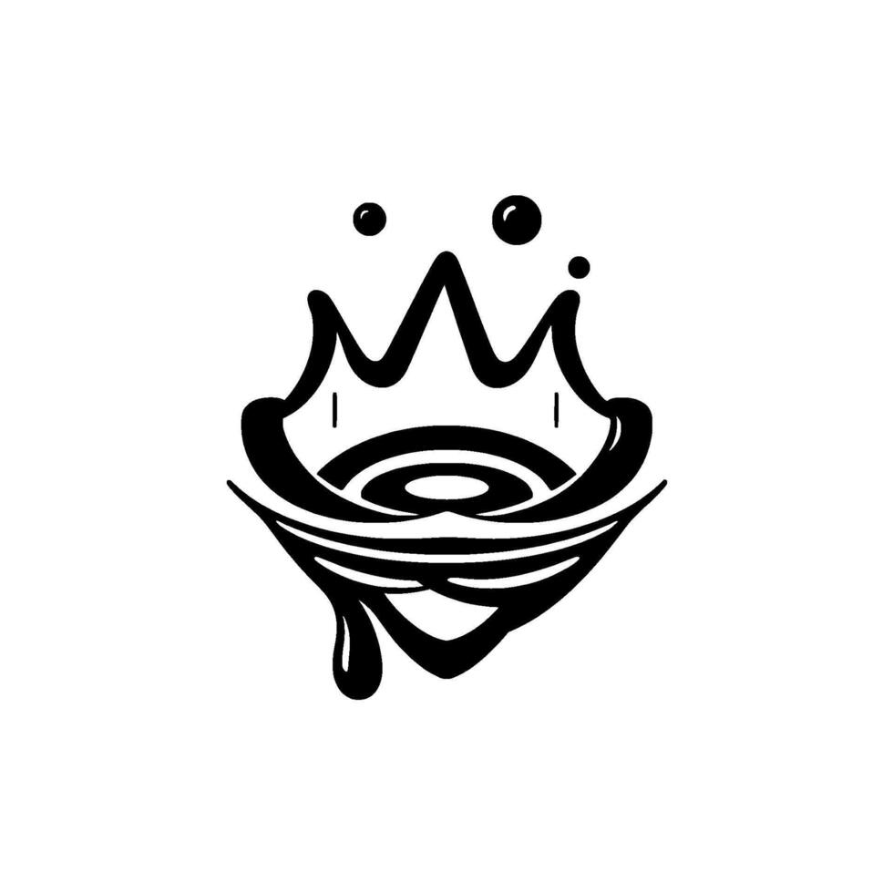 Abstract black and white illustration of a stylized, crownlike face with circular eyes, a multilined smiling mouth, and a liquid drop. vector
