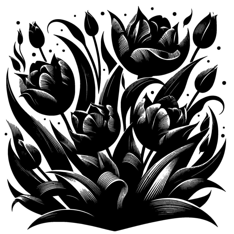 Intricate Black and White Illustration of a Tulip Bouquet, Showcasing Detailed Line Art, and Floral Elegance. vector