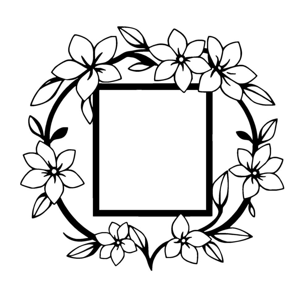 Elegant Black and White Floral Wreath Frame Surrounding a Square, Perfect for Invitations or Announcements. vector
